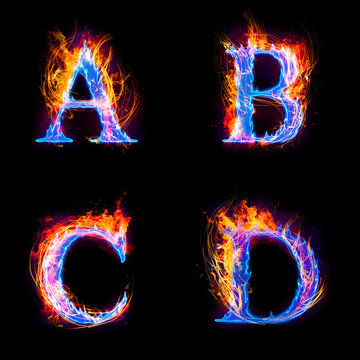 Fire and ice text,capital letter,alphabet A,B,C and D