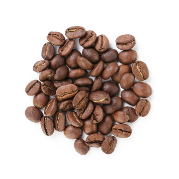 small heap of roasted coffee beans from above