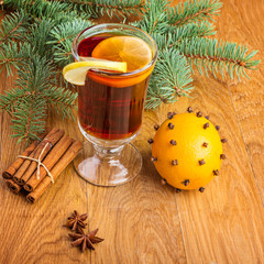 Mulled wine for winter and Christmas with fir branches