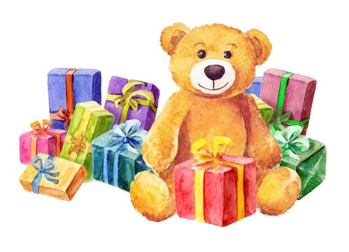 Teddy bear sits on a background of gifts. Watercolor