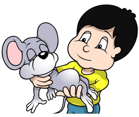 Boy Holding Sleeping Mouse - Cartoon