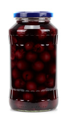 jar with preserved cherries on a white background