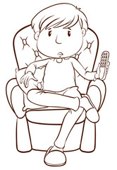 A plain sketch of a lazy man holding a remote control