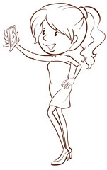 A plain sketch of a girl taking a picture with her cellphone