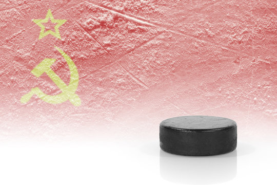 Hockey puck and the Soviet flag