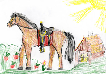 horse on meadow. child drawing © soleg