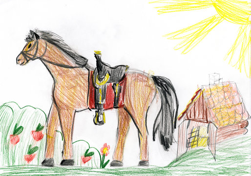 Horse On Meadow. Child Drawing