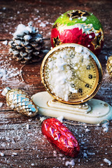 broken alarm clock and Christmas decorations