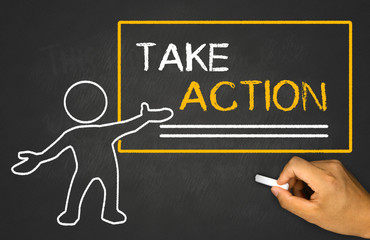 take action and small people on chalkboard