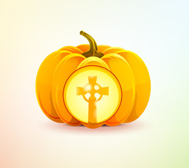 Halloween pumpkin with grave cross shining