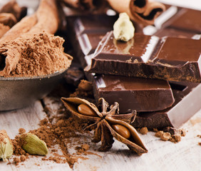 Broken chocolate bar and cacao powder