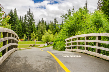 Pedestrian and Cycle Bridge along a pathway on a Cloudy Day