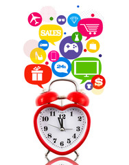 Heart alarm clock with sale icons in talk bubbles isolated