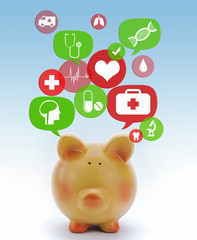 Piggy bank with medical icons in talk bubbles