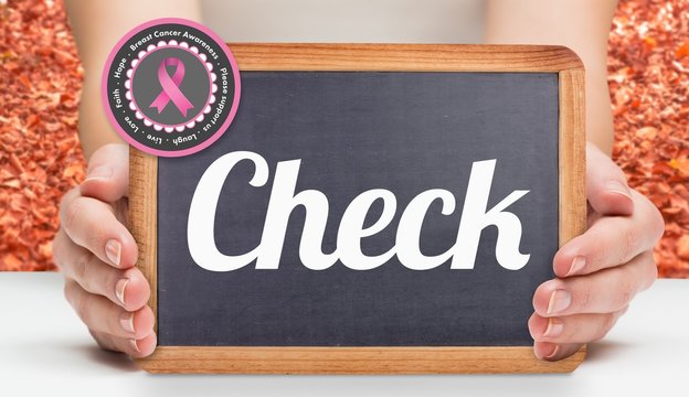 Composite image of females hands showing black board