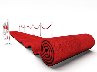  3d image of a red carpet unrolling and metal barriers with red velvet cord. white background nobody around. exclusivity concept.
