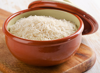 Rice in  clay brown  bowl.