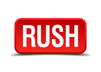 Rush red 3d square button isolated on white