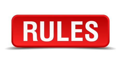 Rules red 3d square button isolated on white
