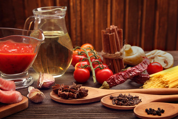 everything on wood table for the preparation of acute Italian sa