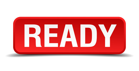 Ready red 3d square button isolated on white