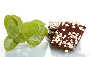 Mix chocolate and mint close up on white