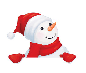 Vector  fun snowman hiding by blank isolated.
