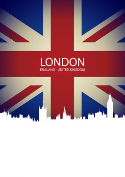 London skyline on United Kingdom Flag