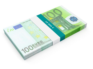 Bundle of 100 euro banknotes bills isolated