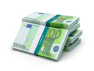 Stack of 100 euro banknotes bills bundles isolated
