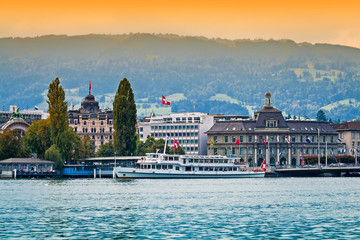 Harbor and buildings in city center in Lucerne, Switzerland
