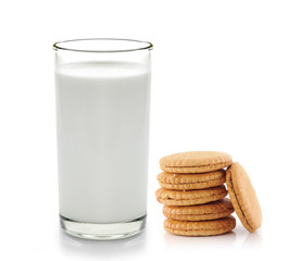 Glass of milk and cookies isolated on white