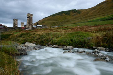 Long exposure landscape of medieval georgian mountain village