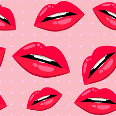 Seamless lips pattern over pink with light dots