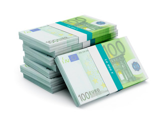 Stack of 100 euro banknotes bundles isolated