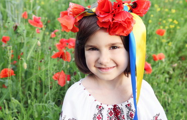 Girl in Wreath with Ribbons of Ukrainian Flag Colors