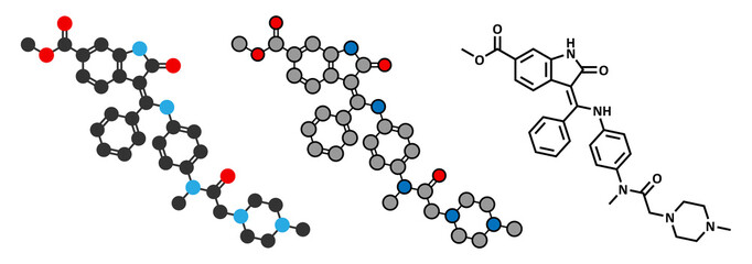 Nintedanib cancer drug molecule. Angiogenesis inhibitor.