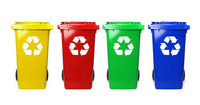 Four colorful recycle bins