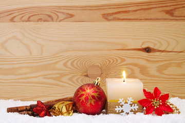 Red christmas balls and advent candle. 