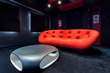 Red couch and modern table