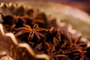 Spices in traditional Asian theme on wooden table