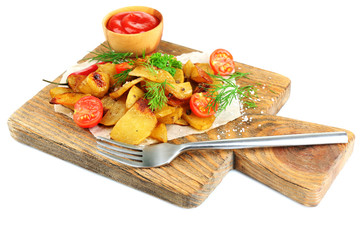 Homemade fried potato on wooden cutting board isolated on white
