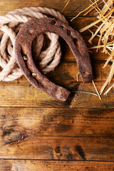 American West still life with old horseshoe and cowboy lasso