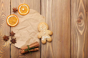 Christmas food decoration with gingerbread cookies, spices and c
