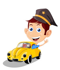 Classic car with a driver who Cute smiled