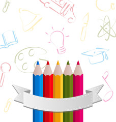 Colorful pencils with ribbon, on pictogram  background
