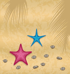 Fototapeta na wymiar Sand background with starfishes and pebble stones