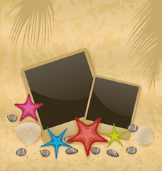 Fototapeta na wymiar Sand background with photo frames, starfishes, pebble stones, se