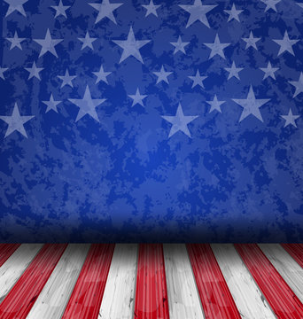Empty wooden deck table over USA flag background