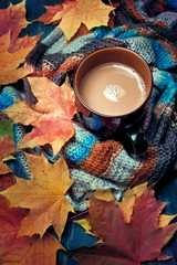 Cup of coffee set with autumn leaves and a warm scarf